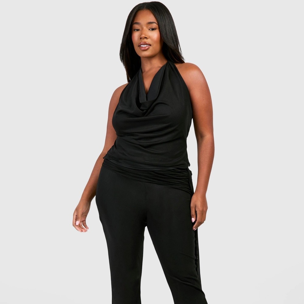 Boohoo Plus Size 20 Cowl Neck Halter Top Black Mesh Overlay Sheer Sexy Night Out